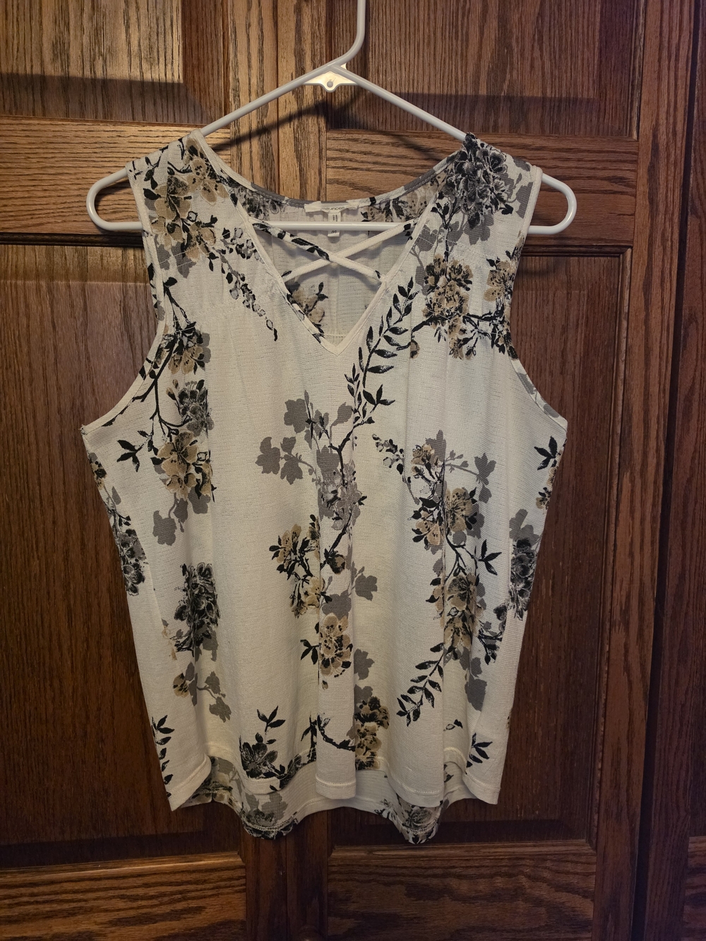 Maurices Cream Floral V-Neck Tank with Crisscross Detail